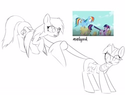 Size: 2048x1563 | Tagged: safe, artist:02vxmp, derpibooru import, rainbow dash, twilight sparkle, unicorn twilight, pegasus, pony, unicorn, games ponies play, bag, flying, saddle bag, scene interpretation, simple background, sketch, tail, tail pull, white background