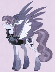 Size: 1280x1673 | Tagged: safe, artist:dipper-amajiki, artist:serendippertyy, artist:wanderingpegasus, derpibooru import, inky rose, bat, pegasus, pony, bracelet, braid, braided pigtails, colored hooves, colored wings, female, flying, freckles, goth, jewelry, lavender background, looking back, mare, pigtails, simple background, solo, unshorn fetlocks, wings