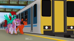 Size: 2164x1217 | Tagged: safe, artist:ponyrailartist, derpibooru import, oc, oc only, earth pony, pegasus, pony, unicorn, bridge, class150, platform, train