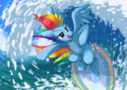 Size: 3508x2480 | Tagged: safe, artist:neoshrek, derpibooru import, rainbow dash, pegasus, pony, digital art, female, flowing mane, flowing tail, mare, ocean, open mouth, open smile, smiling, solo, spread wings, surfing, tail, water, wings