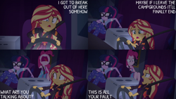 Size: 2000x1125 | Tagged: safe, derpibooru import, edit, edited screencap, editor:quoterific, screencap, pinkie pie, sci-twi, sunset shimmer, twilight sparkle, better together, equestria girls, sunset's backstage pass!, clothes, nightgown, pajamas, shorts