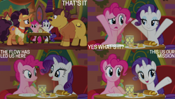 Size: 2000x1125 | Tagged: safe, derpibooru import, edit, edited screencap, editor:quoterific, screencap, coriander cumin, pinkie pie, rarity, saffron masala, spice up your life, bread, food, kurta, sofa, the tasty treat