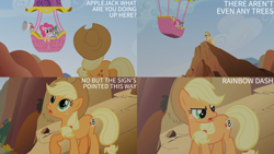 Size: 2000x1125 | Tagged: safe, derpibooru import, edit, edited screencap, editor:quoterific, screencap, applejack, pinkie pie, spike, fall weather friends, cliff, hot air balloon, megaphone, twinkling balloon