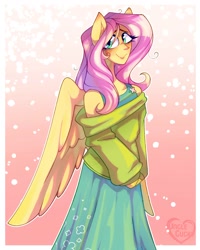 Size: 1200x1500 | Tagged: safe, artist:unclecucky, derpibooru import, fluttershy, anthro, pegasus, clothes, dress, female, gradient background, human facial structure, looking at you, off shoulder, off shoulder sweater, smiling, smiling at you, solo, sweater