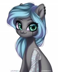 Size: 2484x3081 | Tagged: safe, artist:02vxmp, derpibooru import, oc, oc only, cyborg, pony, amputee, cybernetic eyes, cyborg pony, ear piercing, earring, eye clipping through hair, jewelry, looking at you, piercing, prosthetic limb, prosthetics, simple background, solo, white background