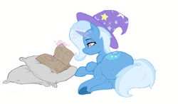 Size: 4096x2394 | Tagged: safe, artist:dundundun, color edit, derpibooru import, edit, trixie, pony, unicorn, g4, colored, female, hat, horn, looking at you, magic, mare, reading, simple background, solo, white background