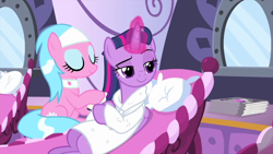 Size: 854x480 | Tagged: safe, derpibooru import, screencap, twilight sparkle, twilight sparkle (alicorn), alicorn, earth pony, rarity's biggest fan, spoiler:interseason shorts, bedroom eyes, magic, magic aura, spa robe