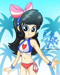 Size: 2015x2490 | Tagged: safe, artist:rjp.rammy, derpibooru import, oc, oc:samantha, equestria girls, belly button, bikini, breasts, clothes, female, grin, light skin, looking at you, reasonably sized breasts, smiling, smiling at you, solo, swimsuit