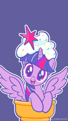 Size: 1080x1920 | Tagged: safe, derpibooru import, twilight sparkle, twilight sparkle (alicorn), alicorn, cute, food, ice cream cone, looking at you, official, phone wallpaper, purple, simple background, smiling, smiling at you, sprinkles, twiabetes