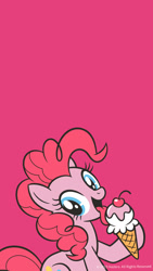 Size: 1080x1920 | Tagged: safe, derpibooru import, pinkie pie, pony, food, ice cream, licking, official, open mouth, phone wallpaper, pink, simple background, smiling, tongue, tongue out