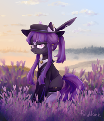 Size: 2728x3157 | Tagged: safe, artist:polyblank, derpibooru import, oc, oc:ester scintillia, earth pony, pony, clothes, commission, evening, female, field, lavender, lavender field, looking at you, mare, smiling, solo