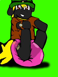 Size: 512x680 | Tagged: safe, artist:cavewolfphil, derpibooru import, oc, oc:gold rush, unicorn, clothes, cute, diaper, diaper fetish, diapered, fetish, green background, hat, inflatable diaper, jacket, male, non-baby in diaper, outfit, pink diaper, shirt, simple, simple background, sitting, stallion, watch