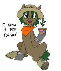 Size: 3600x4200 | Tagged: safe, artist:pony quarantine, derpibooru import, oc, oc only, oc:pine shine, pony, unicorn, bandana, boots, bow, female, hat, looking at you, mare, open mouth, open smile, plant, potted plant, present, shoes, simple background, sitting, smiling, smiling at you, solo, straw hat, talking, text, white background