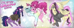 Size: 2048x788 | Tagged: safe, artist:thaspiciest, derpibooru import, fluttershy, pinkie pie, twilight sparkle, unicorn twilight, earth pony, pegasus, pony, unicorn, clothes, drugs, ear piercing, emoshy, glasses, hoodie, marijuana, one eye closed, piercing, red eyes, smiling, smoking, sweater, text, trio, wink