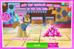 Size: 1958x1301 | Tagged: safe, derpibooru import, pony, advertisement, clothes, costs real money, earpiece, english, gameloft, gem, male, mobile game, my little pony: magic princess, numbers, official, sale, shirt, solo, solo focus, stallion, text, unnamed character, unnamed pony