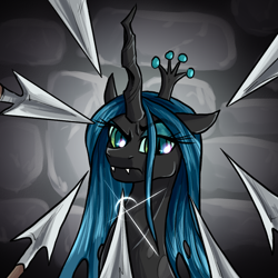 Size: 1024x1024 | Tagged: safe, artist:not-ordinary-pony, derpibooru exclusive, derpibooru import, queen chrysalis, changeling, changeling queen, eyebrows, queen chrysalis is not amused, raised eyebrow, solo, spear, unamused, weapon