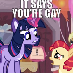 Size: 750x749 | Tagged: safe, artist:gammanullzero, derpibooru import, edit, edited screencap, screencap, apple bloom, twilight sparkle, unicorn twilight, earth pony, pony, unicorn, alternate design, duo focus, magic, meme, ur gay