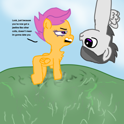 Size: 4096x4096 | Tagged: safe, artist:sweetsterty, derpibooru import, rumble, scootaloo, pegasus, pony, annoyed, chest fluff, colt, dialogue, duo, duo male and female, female, filly, flying, foal, male, rumbloo, shipping, shipping denied, straight, wings