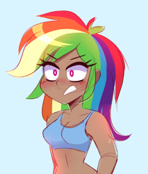 Size: 410x481 | Tagged: safe, artist:darkynez, derpibooru import, rainbow dash, human, blue background, blushing, eyebrows, eyebrows visible through hair, humanized, midriff, simple background, sketch, solo, top