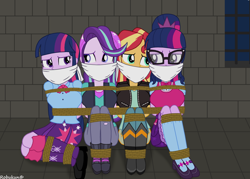 Size: 1920x1372 | Tagged: safe, artist:robukun, derpibooru import, sci-twi, starlight glimmer, sunset shimmer, twilight sparkle, human, equestria girls, bondage, bound and gagged, cloth gag, damsel in distress, dungeon, gag, kidnapped, rope, rope bondage, tied up, twolight