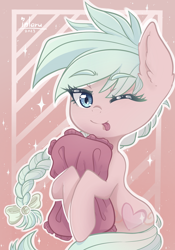 Size: 1668x2388 | Tagged: safe, artist:inlaru, derpibooru import, oc, oc only, oc:mint candy, earth pony, pony, abstract background, bust, digital art, happy, one eye closed, pink, portrait, simple background, solo, stars, tongue, tongue out, wink