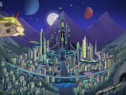 Size: 2700x2025 | Tagged: safe, artist:devillustart, derpibooru import, airship, castle, city, cityscape, mountain, mountain range, prisoners of the moon, scenery