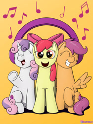 Size: 1500x1995 | Tagged: safe, artist:passionpanther, derpibooru import, apple bloom, scootaloo, sweetie belle, earth pony, pegasus, pony, unicorn, series:ponies with headphones, cute, cutie mark crusaders, design, happy, headphones, music notes, shirt design