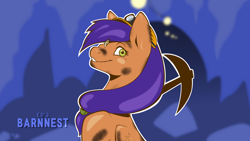Size: 3840x2160 | Tagged: safe, artist:barnnest, oc, oc only, oc:debbie miner, pegasus, pony, background, cave, female, green eyes, hard hat, head turn, helmet, lights, looking at you, mare, mine, orange coat, pickaxe, purple mane, smiling, smiling at you, solo, soot, stain