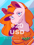 Size: 1728x2304 | Tagged: safe, artist:barnnest, derpibooru import, oc, oc:chalfeur lumrise, pony, unicorn, advertisement, background, bust, cloud, commission, commission info, cracked horn, cyan eyes, freckles, hill, horn, jewelry, orange mane, pink coat, price tag, prices, red ears, smiling, solo