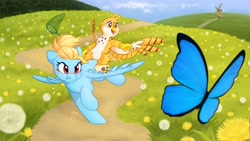 Size: 3840x2160 | Tagged: safe, artist:melodylibris, derpibooru import, oc, oc only, oc:beaky, oc:brave blossom, butterfly, griffon, pegasus, pony, butterfly net, duo, female, flower, flower field, griffon oc, griffons riding ponies, mare, meadow, pointing, riding, running, scenery, spread wings, windmill, wings