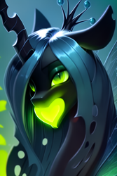 Size: 768x1152 | Tagged: safe, ai content, derpibooru import, generator:purplesmart.ai, generator:stable diffusion, machine learning generated, queen chrysalis, changeling, changeling queen, green eyes, heart, solo