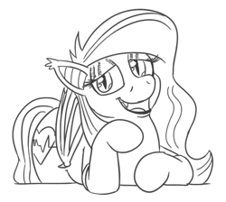 Size: 658x589 | Tagged: safe, artist:jargon scott, derpibooru import, oc, oc only, oc:arrhythmia, bat pony, pony, bat pony oc, black and white, eyeshadow, female, grayscale, hoof on chin, lidded eyes, looking at you, makeup, mare, monochrome, open mouth, open smile, simple background, smiling, smiling at you, solo, white background