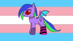 Size: 2560x1440 | Tagged: safe, artist:dashytrash, derpibooru import, oc, oc only, oc:eclipse starlight, bat pony, bat pony oc, clothes, ear piercing, glasses, goth, piercing, pride, pride flag, smug, socks, solo, striped socks, transgender