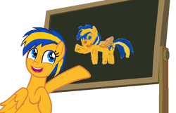 Size: 876x563 | Tagged: safe, artist:mlpfan3991, derpibooru import, oc, oc only, oc:flare spark, pegasus, chalkboard, drawing, female, simple background, smiling, solo, transparent background, vector