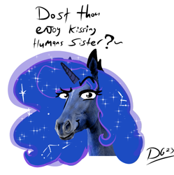 Size: 651x654 | Tagged: safe, artist:thelunarmoon, derpibooru import, princess luna, alicorn, horse, boykisser, bust, grammar error, hoers, implied princess celestia, irl horse, looking at you, mauzymice, meme, ponified, ponified meme, recolored hoers, shitposting, simple background, solo, talking to viewer, white background, ye olde butcherede englishe, ye olde english