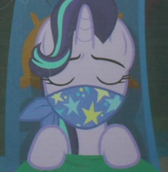 Size: 847x872 | Tagged: safe, derpibooru import, edit, edited screencap, screencap, starlight glimmer, pony, unicorn, road to friendship, cloth gag, clothes, gag, print, scarf, scarf gag, sleeping, starlight's gag