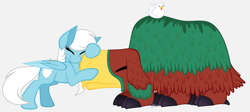 Size: 5121x2292 | Tagged: safe, artist:feather_bloom, derpibooru import, oc, oc:feather_bloom, bird, chicken, pegasus, pony, happy, hug, minecraft, pets, simple background, sniffer