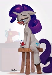 Size: 2818x4096 | Tagged: safe, artist:winpuss, derpibooru import, rarity, pony, unicorn, ears, female, floppy ears, glasses, mare, messy mane, pincushion, rarity's glasses, sewing machine, simple background, sitting, solo, stool, tired, white background