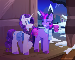 Size: 2000x1600 | Tagged: safe, artist:willoillo, derpibooru import, rarity, twilight sparkle, unicorn twilight, unicorn, fanfic:injuring eternity, clothes, coffee, fanfic art, female, lesbian, ponyville train station, rarilight, scarf, shipping, snow, striped scarf, train station, winter