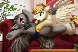 Size: 3517x2357 | Tagged: safe, artist:pridark, derpibooru import, oc, oc:exist, oc:x1, bat pony, griffequus, hippogriff, hybrid, pony, cute, fangs, gay, glasses, lying down, male, open mouth, prone, sofa, spread wings, tickle belt, tickle torture, tickling, tongue, tongue out, wings