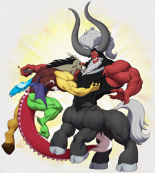 Size: 2321x2584 | Tagged: safe, artist:ponyanony, derpibooru import, discord, lord tirek, centaur, draconequus, taur, deltscord, duo, duo male, fluffy, male, muscles, muscular male, tickle belt, tickle fight, tickle torture, tickling