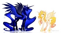 Size: 1271x696 | Tagged: safe, artist:nightheart2647, derpibooru import, princess celestia, princess luna, alicorn, pony, age swap, alternate universe, duo, female, jewelry, mare, older, raised hoof, raised leg, reflection, regalia, role reversal, siblings, simple background, sisters, spread wings, white background, wings, younger