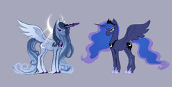 Size: 1127x574 | Tagged: safe, artist:nightheart2647, derpibooru import, princess luna, alicorn, colored hooves, crescent moon, female, glowing, glowing horn, gray background, horn, jewelry, mare, moon, redesign, regalia, simple background, solo, spread wings, unshorn fetlocks, wings