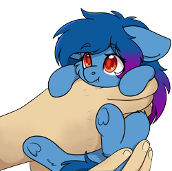 Size: 2144x2132 | Tagged: safe, artist:rokosmith26, derpibooru import, oc, oc:tazzee, bat pony, pony, bat pony oc, cheek fluff, commission, cute, ears, fangs, female, filly, floppy ears, foal, hand, holding, holding a pony, in goliath's palm, looking up, mare, simple background, size difference, solo, transparent background, underhoof, your character here