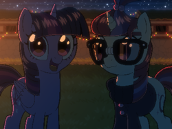 Size: 800x600 | Tagged: safe, artist:rangelost, derpibooru import, moondancer, twilight sparkle, twilight sparkle (alicorn), alicorn, unicorn, clothes, cyoa, cyoa:d20 pony, duo, glasses, looking at you, night, offscreen character, pixel art, starry night, stars, story included