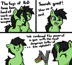 Size: 870x790 | Tagged: safe, artist:neuro, derpibooru import, oc, oc:anon filly, earth pony, pony, unicorn, comic, dialogue, eyes closed, faggot, female, filly, foal, gun, implied racism, levitation, magic, n, open mouth, open smile, simple background, slur, smiling, telekinesis, thought bubble, vulgar, weapon, white background