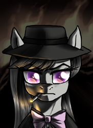 Size: 744x1024 | Tagged: safe, artist:not-ordinary-pony, derpibooru exclusive, derpibooru import, octavia melody, earth pony, pony, bust, cigarette, hat, portrait, simple background, smoking, solo