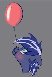 Size: 631x939 | Tagged: safe, artist:latexcut1e, derpibooru import, oc, oc only, oc:lightning flare, balloon, blushing, cute, looking up, simple background