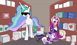 Size: 1723x1024 | Tagged: safe, artist:drasill, derpibooru import, princess cadance, princess celestia, twilight sparkle, alicorn, pony, unicorn, g4, blushing, clothes, diaper, diaper fetish, female, fetish, filly, filly twilight sparkle, foal, sunglasses, younger