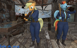 Size: 1144x715 | Tagged: safe, artist:robertwtf, derpibooru import, applejack, rainbow dash, anthro, earth pony, pegasus, fallout equestria, 3d, baseball bat, clothes, drinking, gun, jumpsuit, rifle, source filmmaker, vault suit, wasteland, weapon